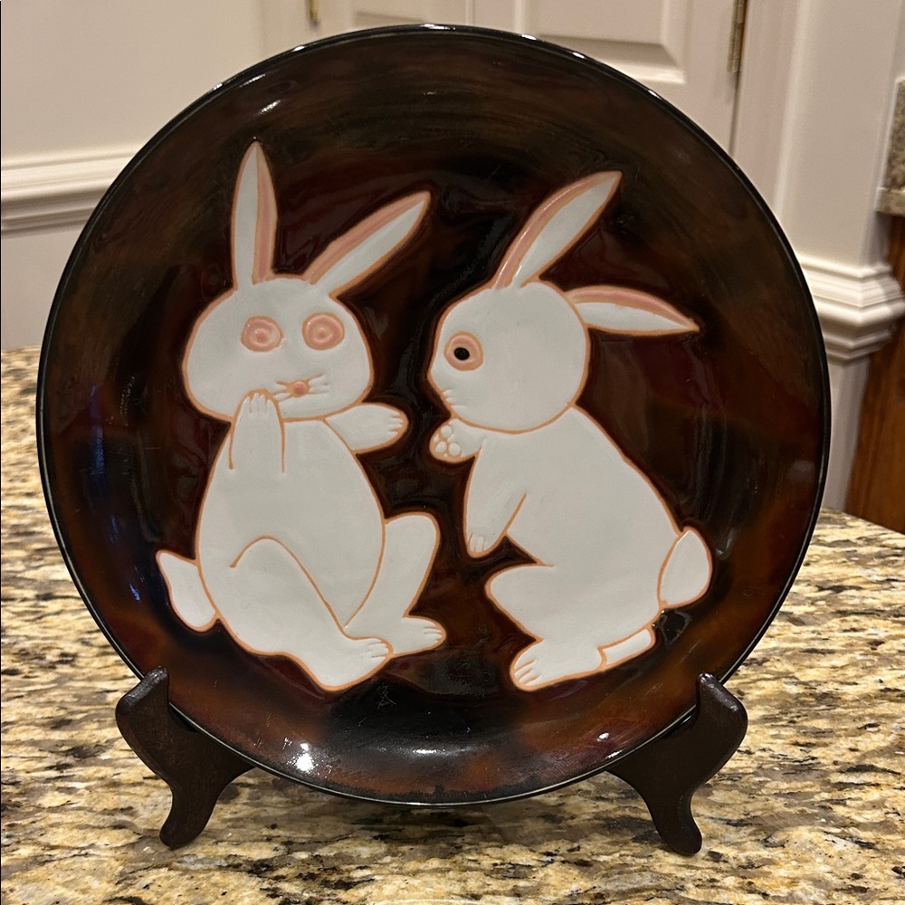 Whimsical Brown and White Bunny Ceramic Plate